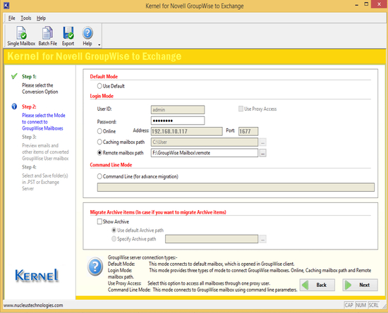 Export GroupWise Mailboxes to Exchange