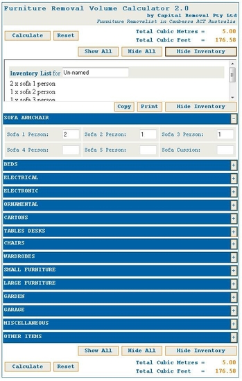 Furniture Removal Volume Calculator