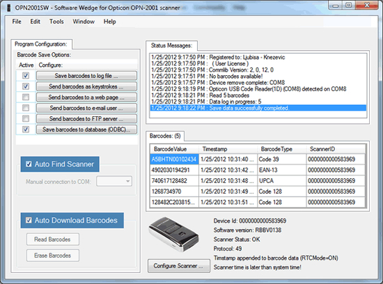 O2001SSW software for Opticon OPN 2001