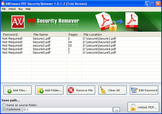 Pdf files password remover